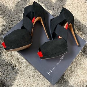 H by Halston Red & Black Peep Toe Platform Heels